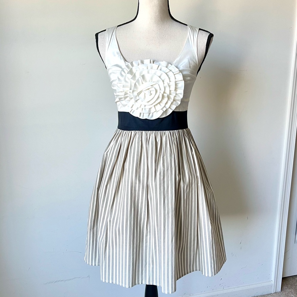 ANTHROPOLOGIE BURLAPP Sleeveless Striped Rosette Fit & Flare Dress—SZ. XS